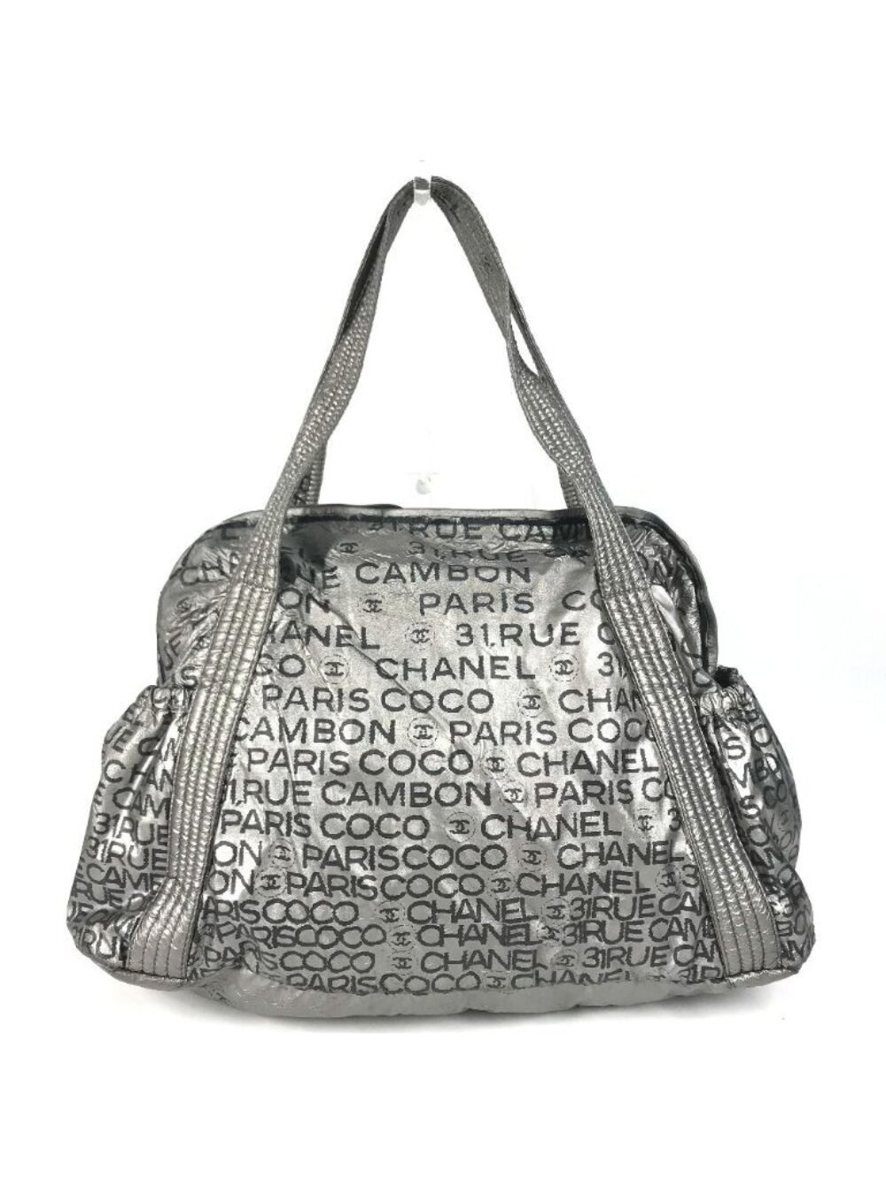 Chanel Boston Bag CC Logo Nylon Canvas Silver